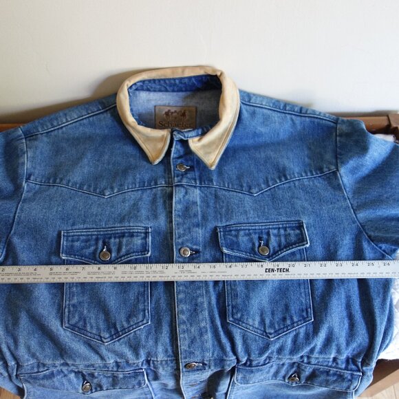 Vtg SCHAEFER OUTFITTER Heavyweight Denim Jacket w/ Leather trim Mens Large ssfis - Picture 3 of 11